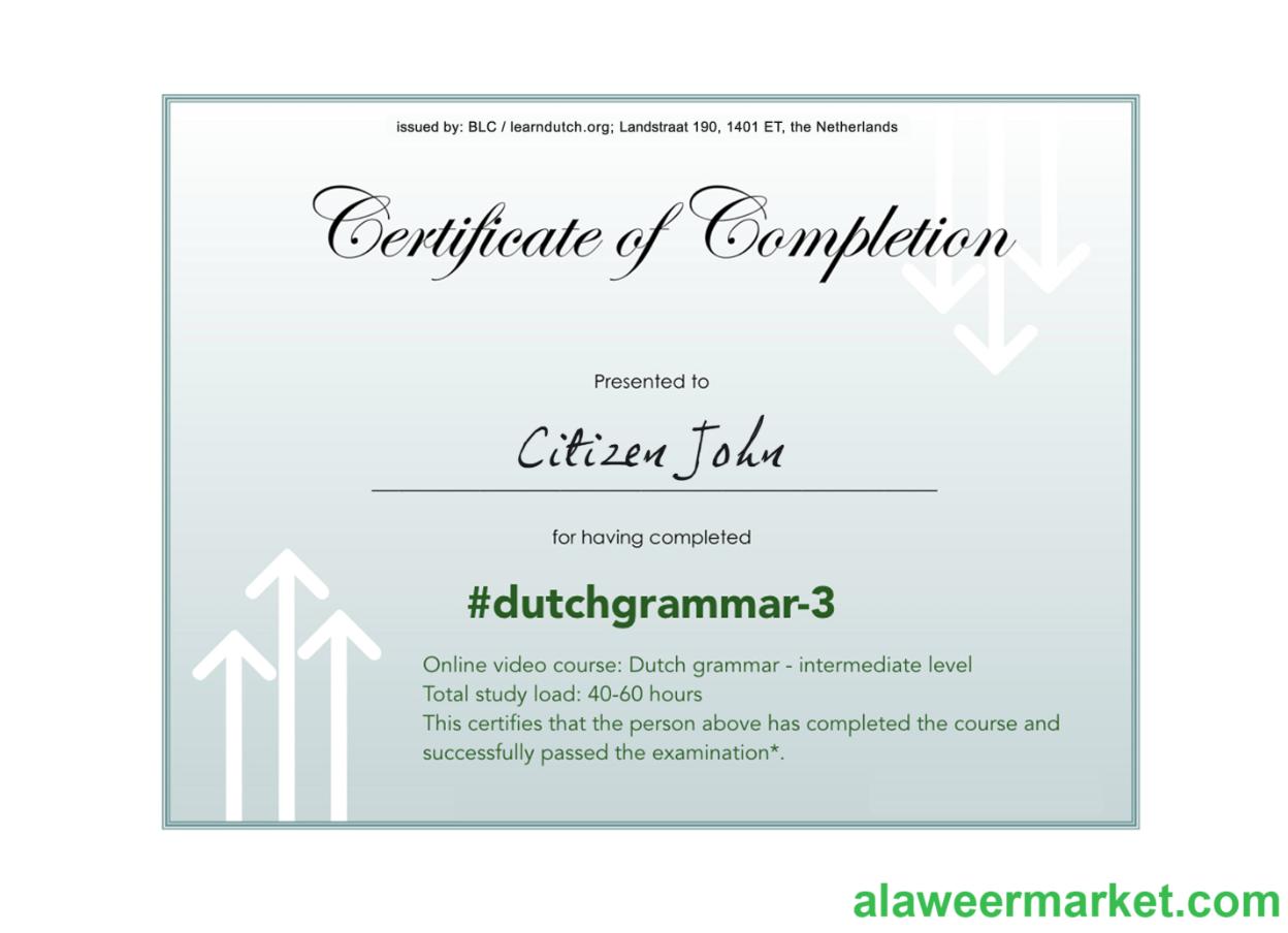 Netherlands language grammar certificate of completion PSD sample, completely editable